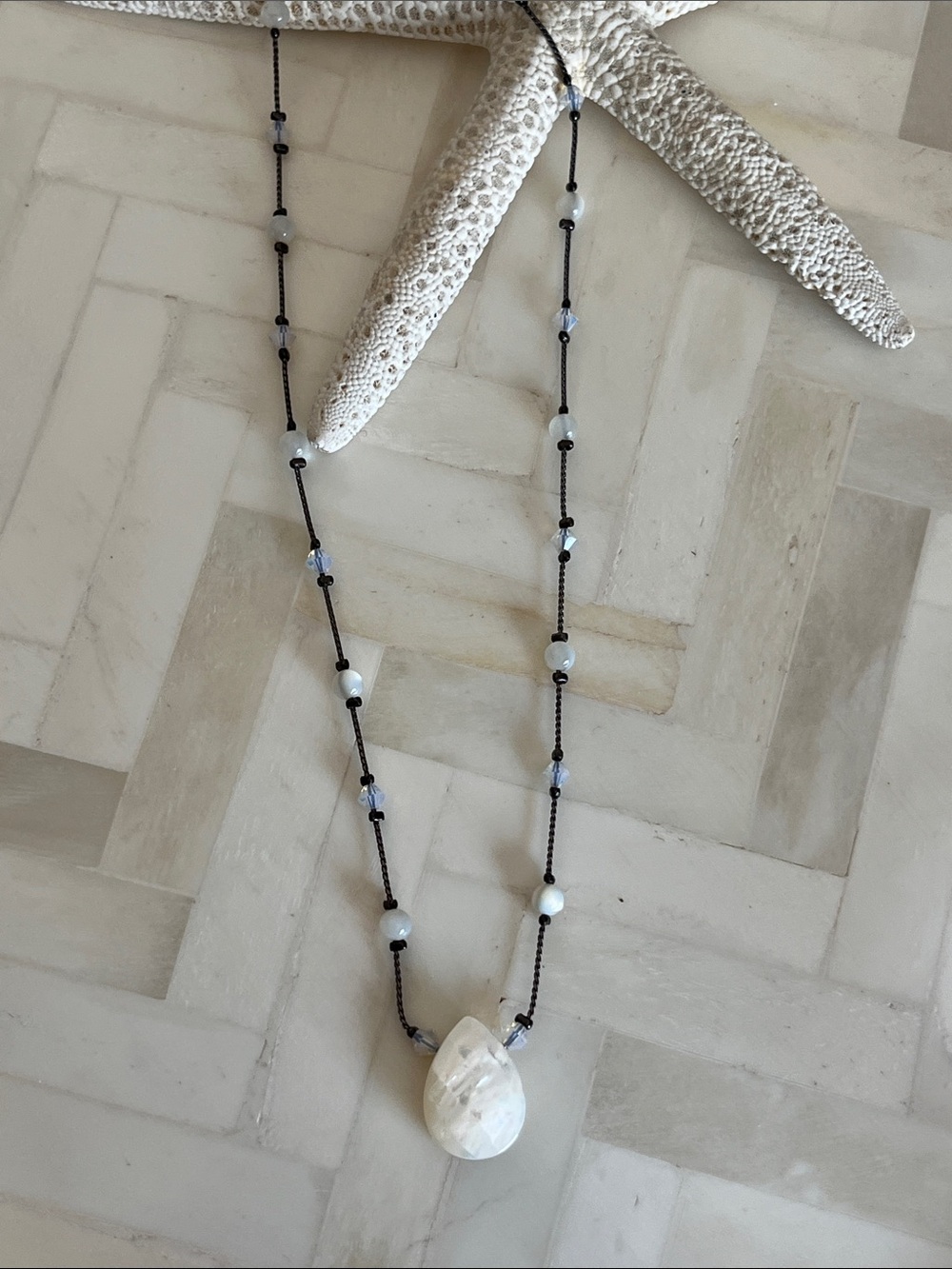 New Dabby Reid White Bead Necklace with White Teardrop Pendant